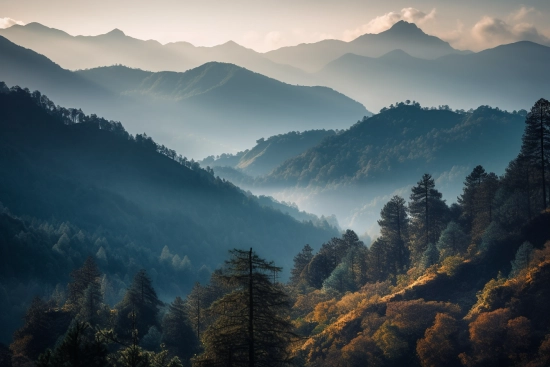 A landscape of mountains with trees and fog