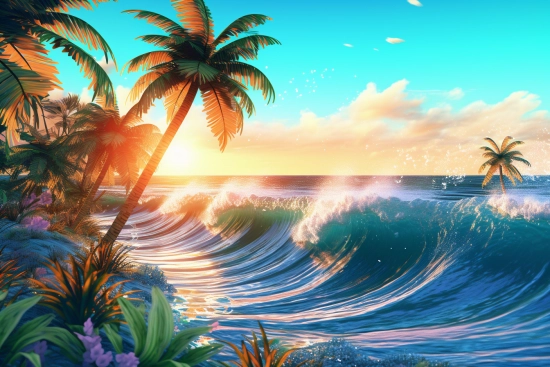 Palm trees and waves in the ocean