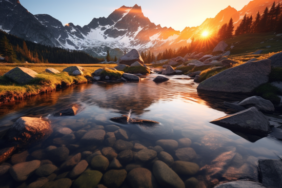A river with rocks in the water and mountains in the background