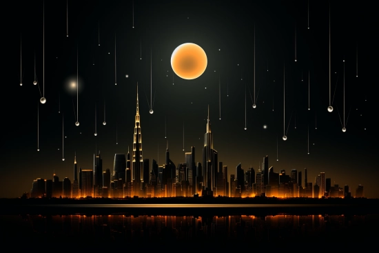 a city skyline with a large moon and stars