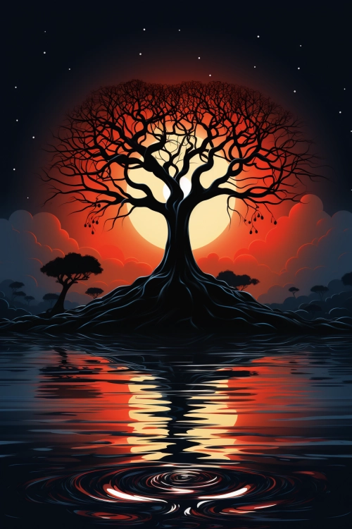 A tree with a large crown and a red sun behind it