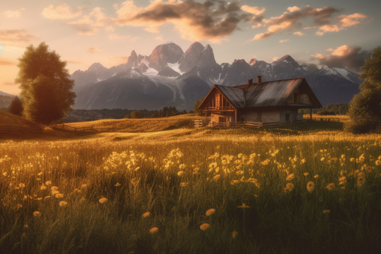 A house in a field with flowers and mountains in the background