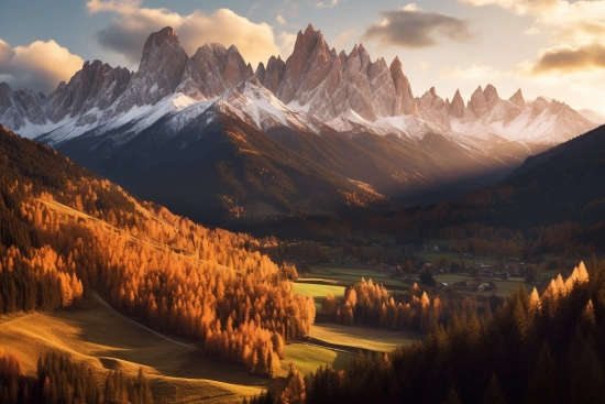 A mountain range with trees and a village in the background