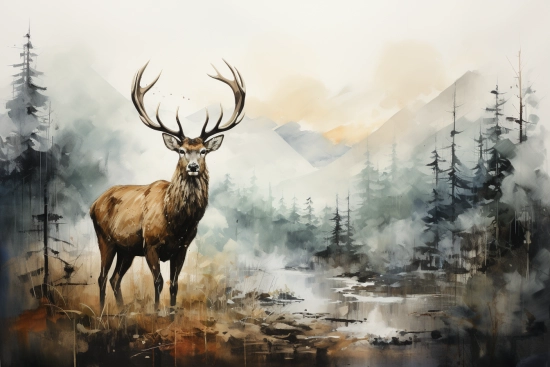 a painting of a deer in a forest