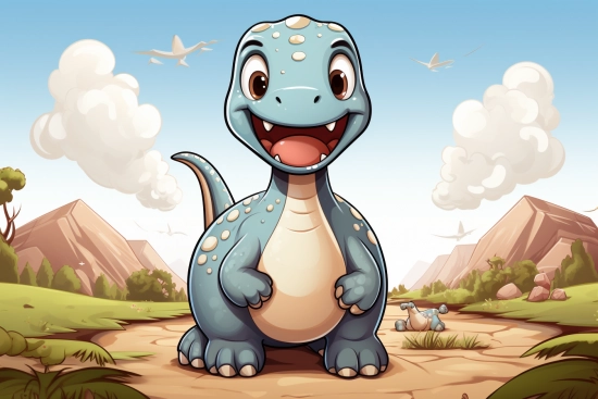 cartoon dinosaur standing on a dirt road