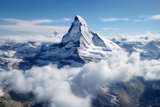 A mountain with snow and clouds