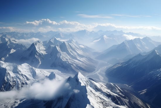 A snowy mountain range with clouds