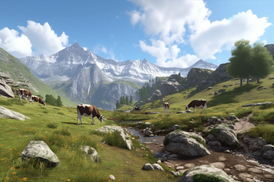 Cows grazing in a valley with mountains and snow capped mountains