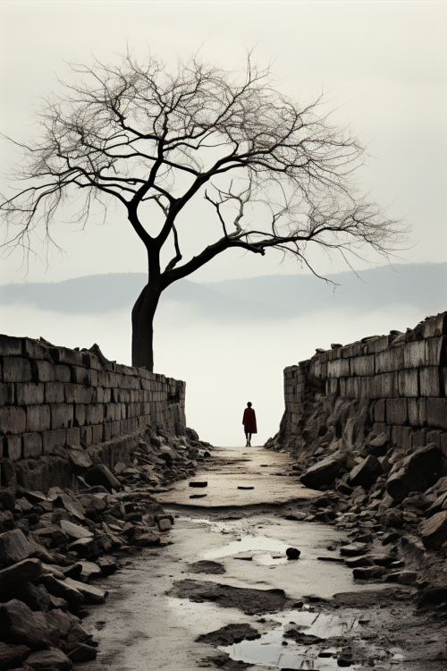 A person standing on a path between rocks