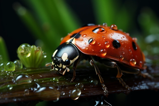 a ladybug with water drops on a leaf