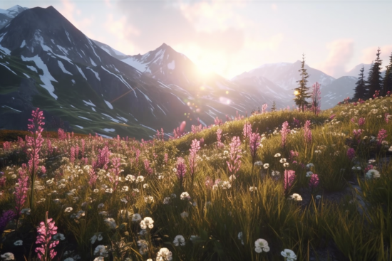 A field of flowers with mountains in the background