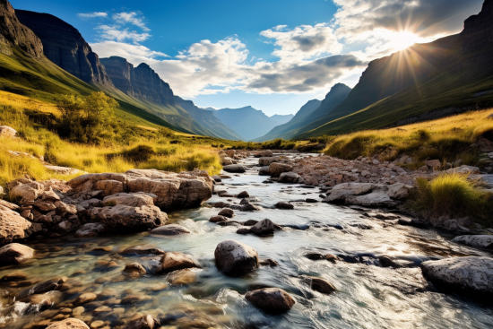 A river running through a valley with mountains and blue sky