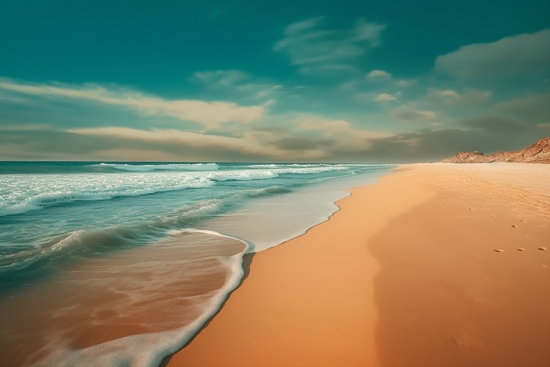 A sandy beach with waves crashing on the shore