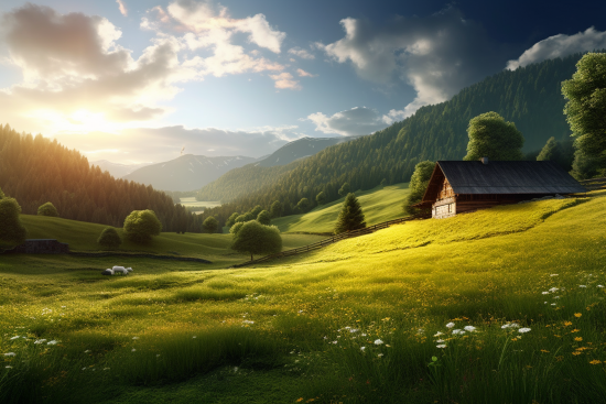 A house on a hill with trees and mountains in the background