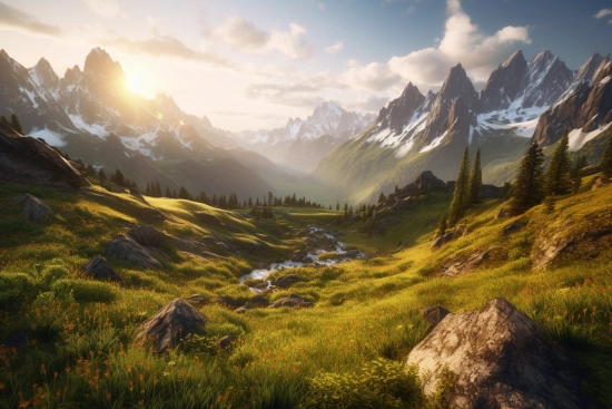 A mountain landscape with a river running through it