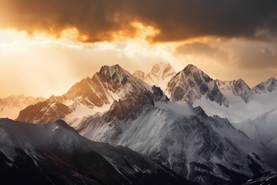 A snowy mountain tops with a cloudy sky