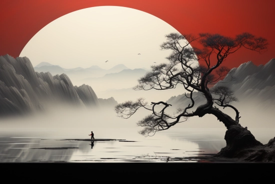 A person walking on a boat in water with a tree and mountains in the background