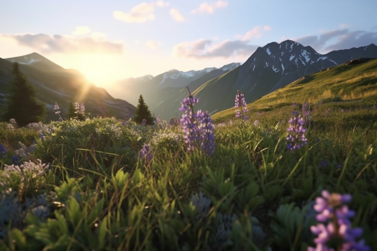 A mountain with purple flowers