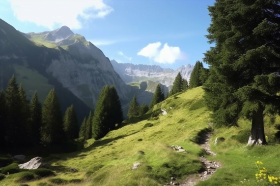 A mountain landscape with trees and mountains