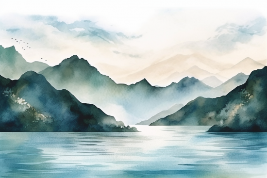 Watercolor of mountains and a body of water