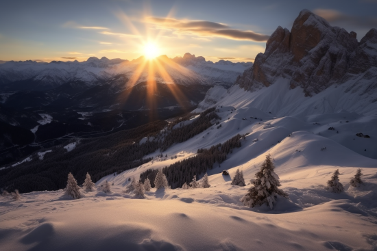 A snowy mountain with trees and mountains in the background