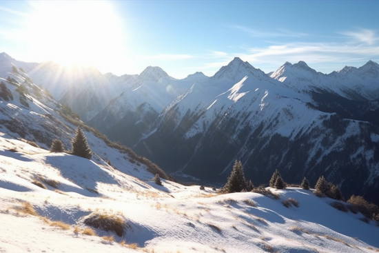A snowy mountain range with trees and a blue sky