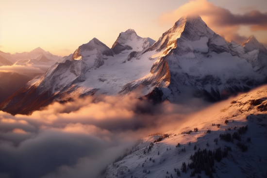 A snowy mountain tops with clouds above