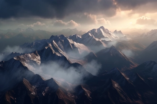 A mountain range with clouds and sun shining through