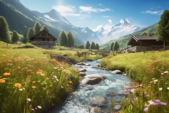 A river running through a valley with a house and mountains in the background