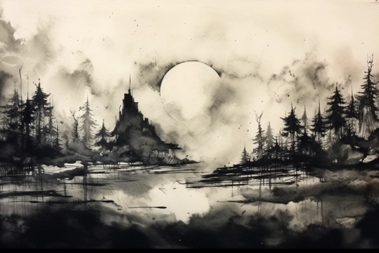 A black and white drawing of a landscape with trees and a moon