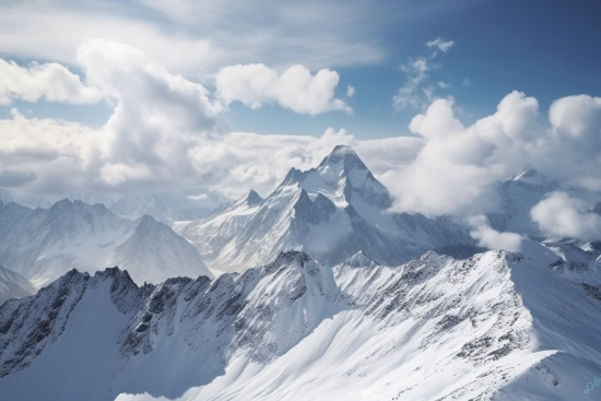 A snowy mountain tops with clouds in the sky