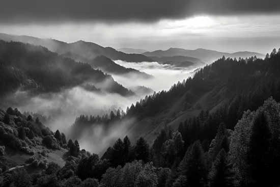 A black and white photo of a mountain range with trees and fog