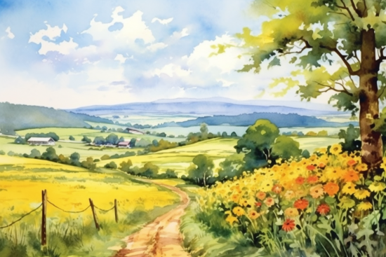 A watercolor painting of a road with flowers and trees
