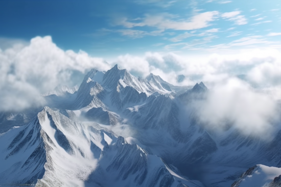A snowy mountain range with clouds