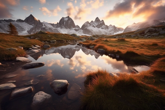 Fitz roy landscape with a river and snow covered mountains