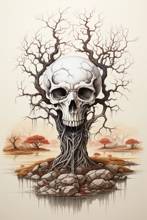 A skull with roots and branches around it