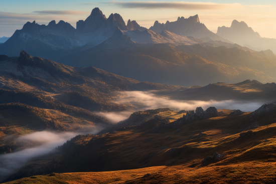 A mountain range with fog