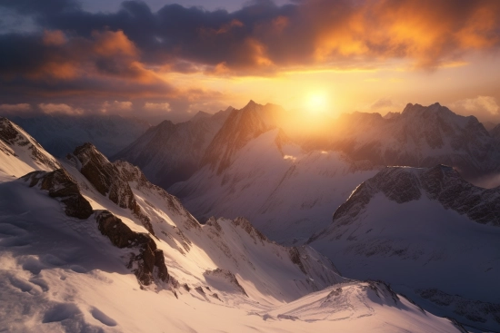 A snowy mountain range with the sun setting behind it