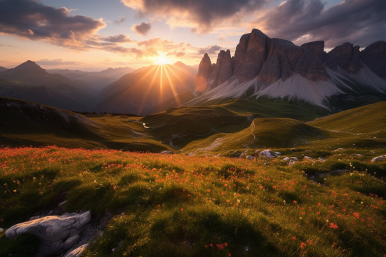 A mountain range with flowers and a sunset