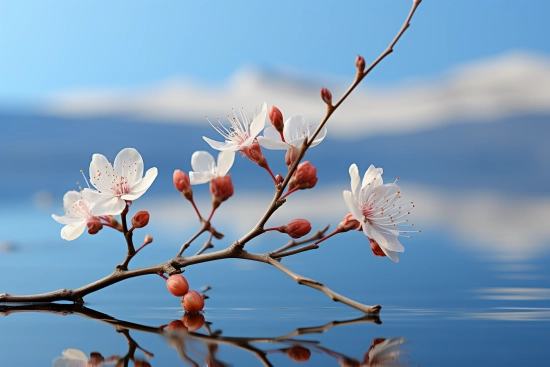 A branch with white flowers and buds on it