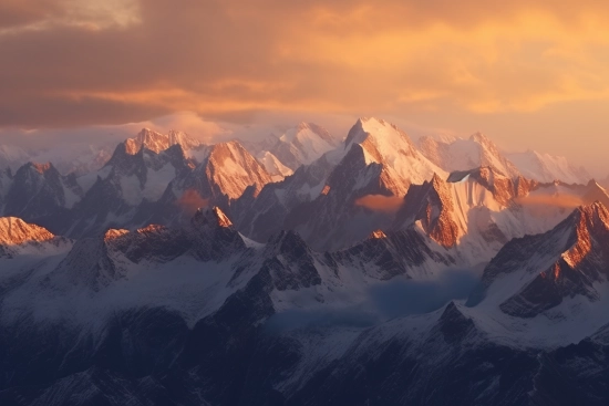 A snowy mountain tops with clouds in the sky