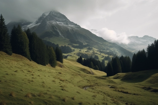 A green hills with trees and mountains in the background