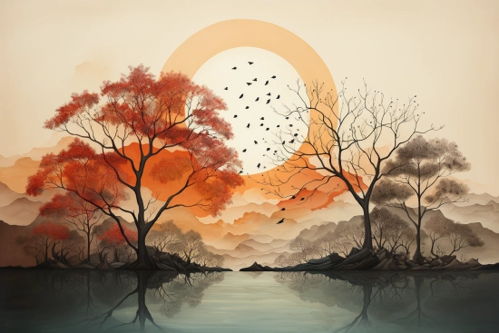A painting of trees and a sunset