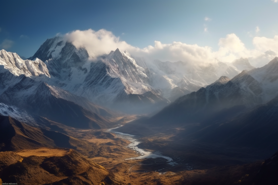 A river running through a valley with snow covered mountains