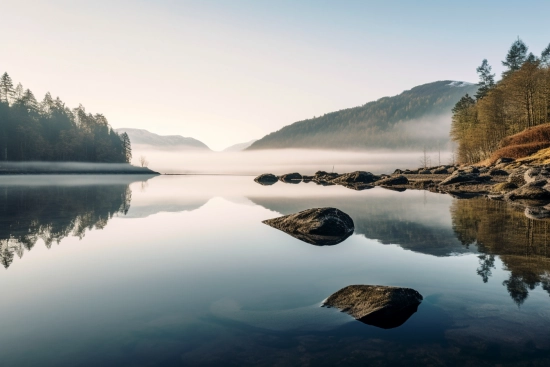 A lake with rocks and trees in the background