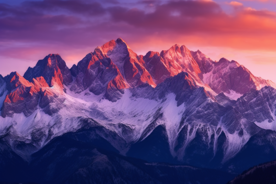 A snowy mountain tops with a pink sky