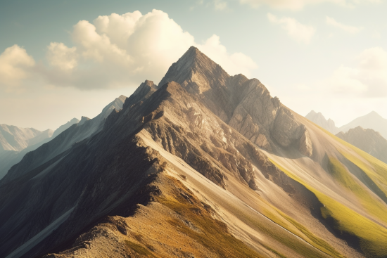A mountain range with grass and blue sky