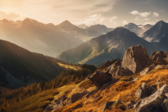 A rocky mountain side with trees and mountains in the background