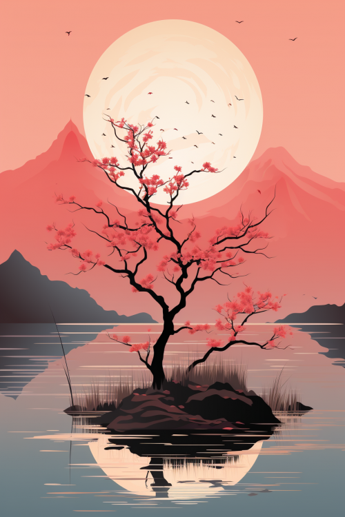 A tree on a small island in water with mountains and the sun