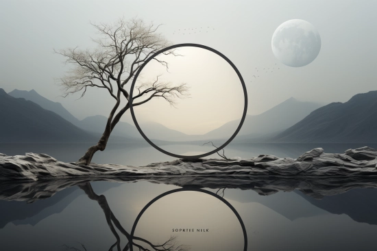 A tree and a circle on a rock by water